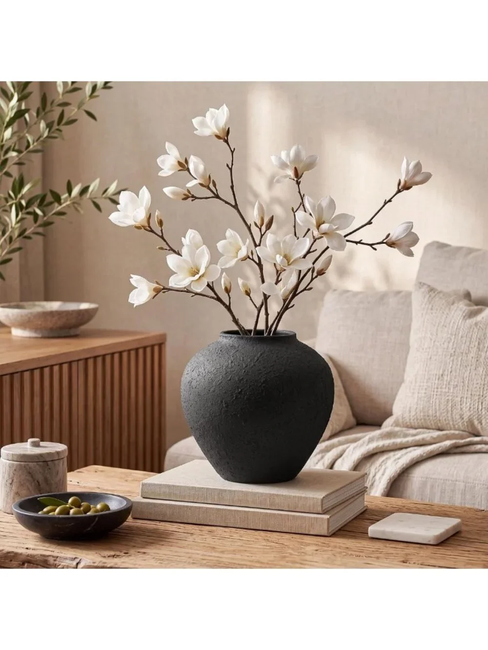 Large Rustic Black Round Vase - Pottery Style Metal Flower Holder for Home Decor